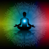 Silhouette of a person meditating with colourful radiating lines on a dark background.
