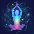 Colourful silhouette of a person in a meditative pose with abstract star designs on a dark background.