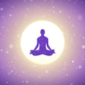 Silhouette of a person in meditation pose on a bright circle with a purple gradient background.