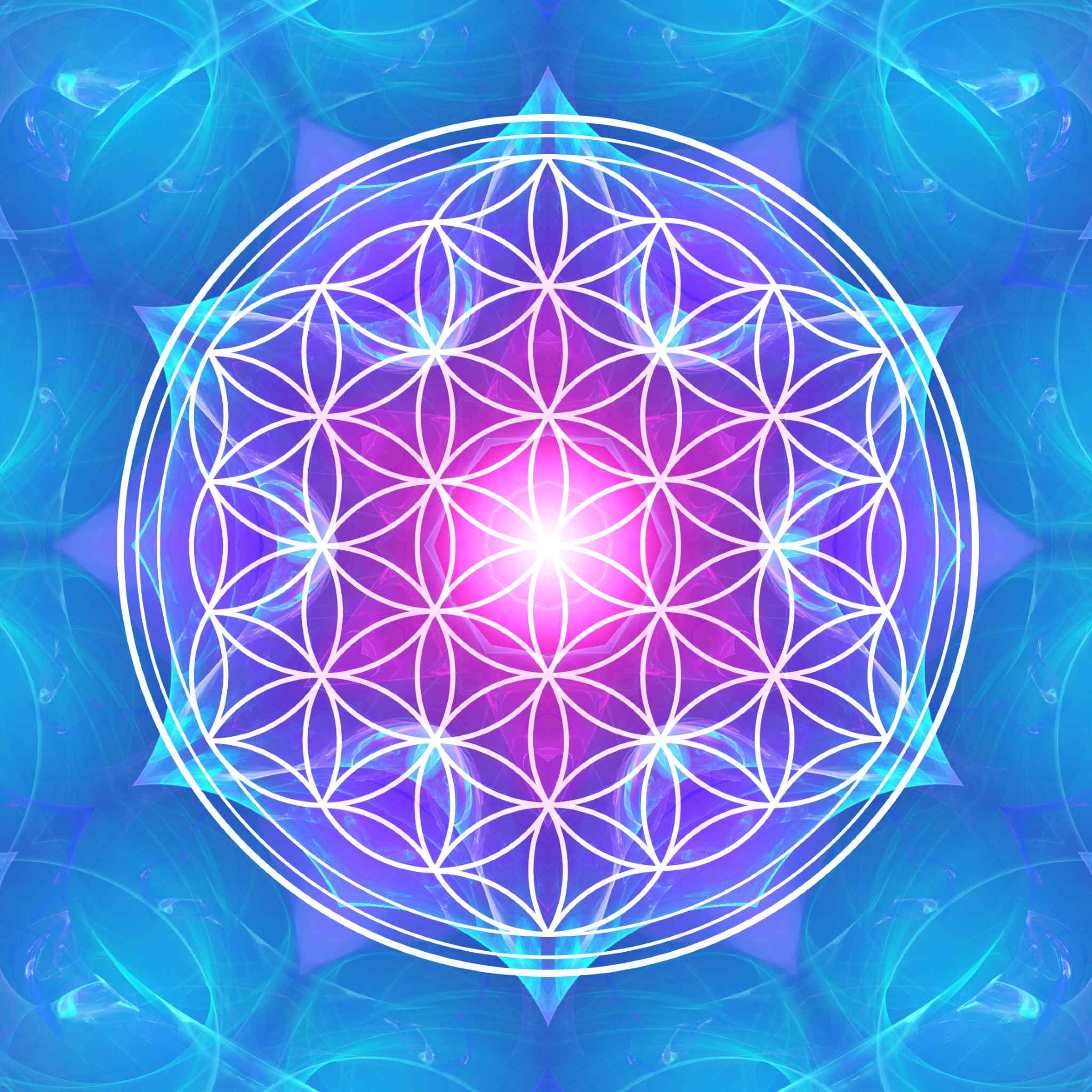 Mandala design with flow of life geometric shapes on a blue and purple gradient background.