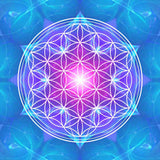 Flower of life geometric shape on a blue and purple gradient background.