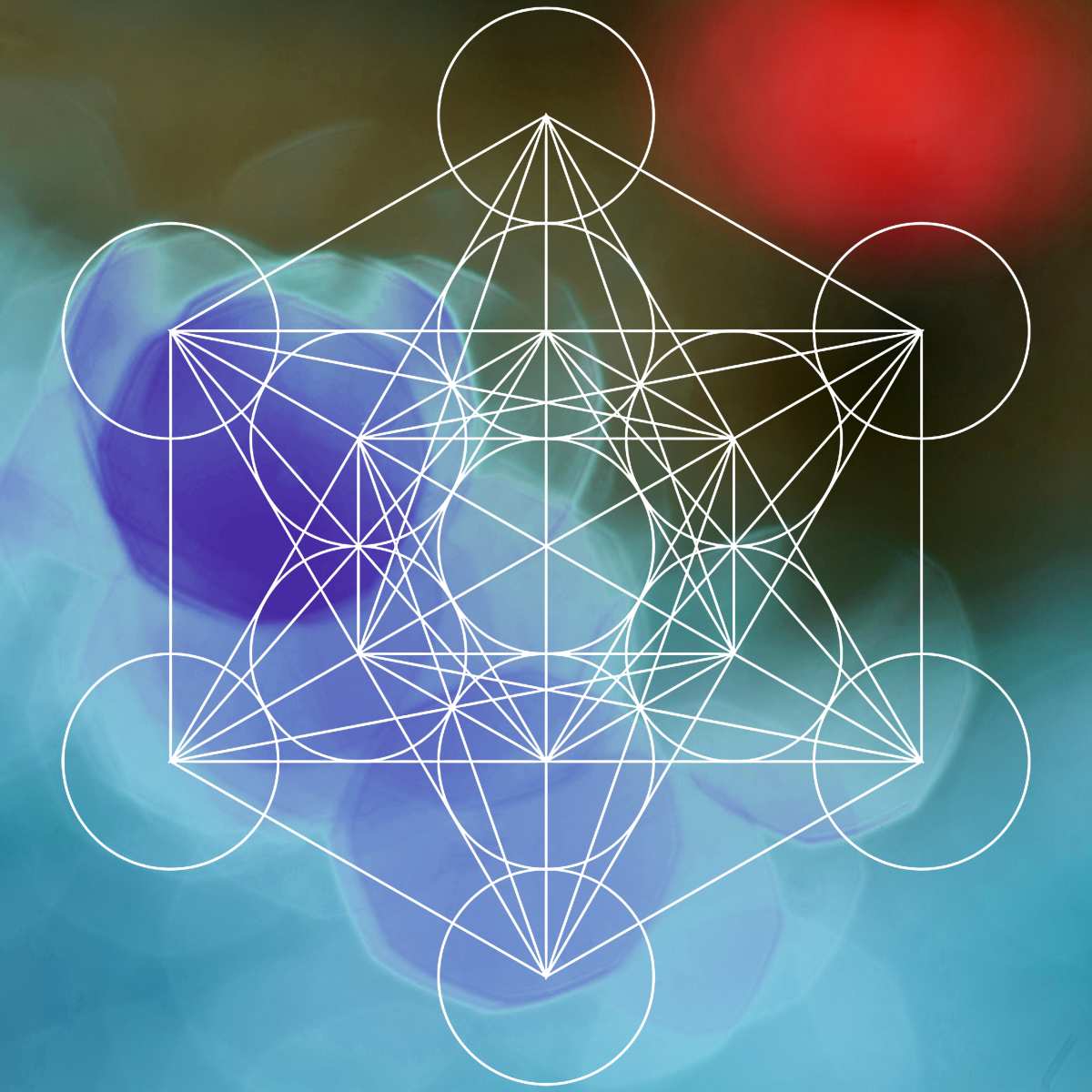 Geometric star Merkaba and circle design on a colourful abstract background.