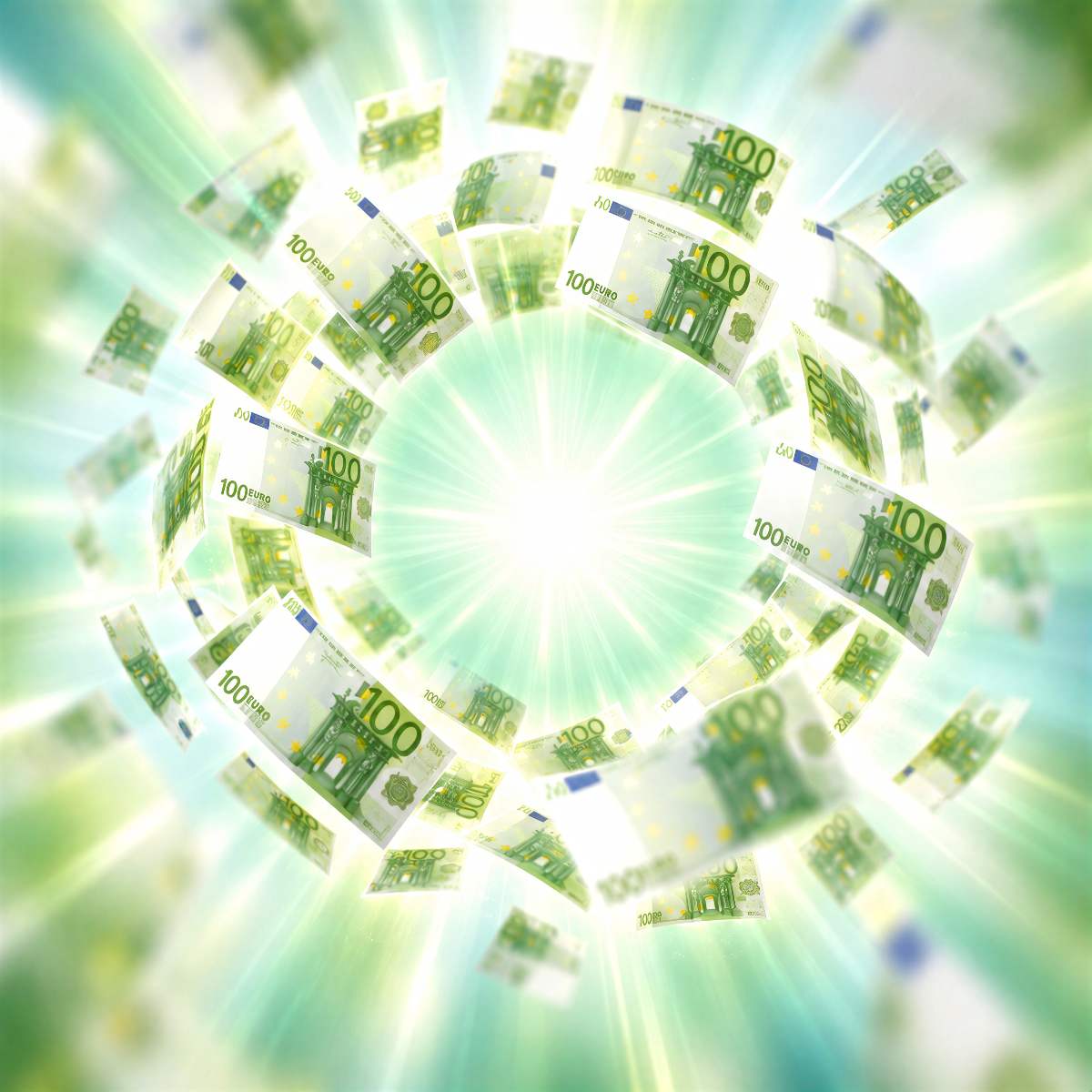 A suspended circle of green money with light shining from the scared centre an a green background.