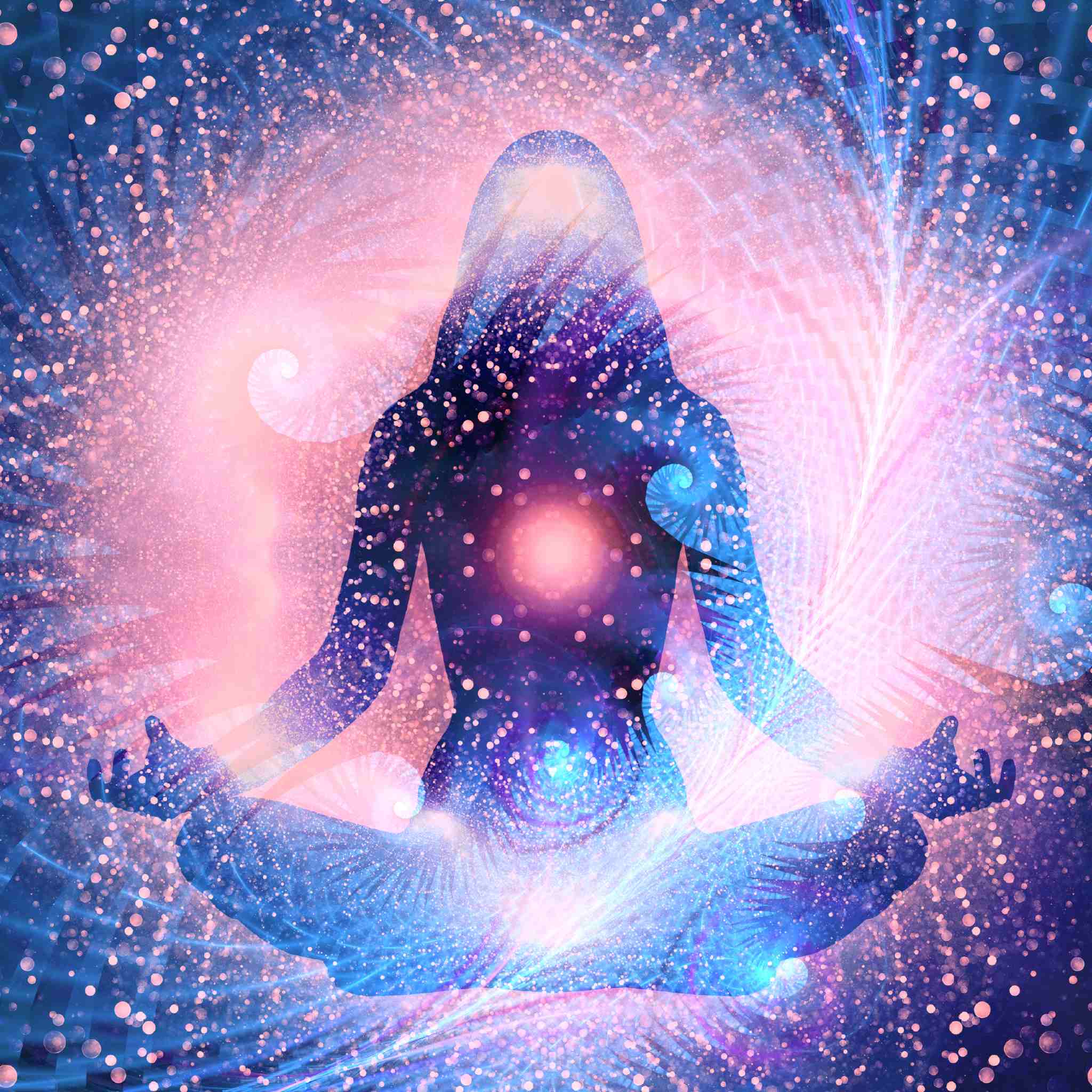 A silhouette of a meditating figure in a lotus pose, filled with a vibrant cosmic pattern of blue and purple, with an intensely glowing pink-red light centred in the chest area, surrounded by swirling energy and bright sparks.