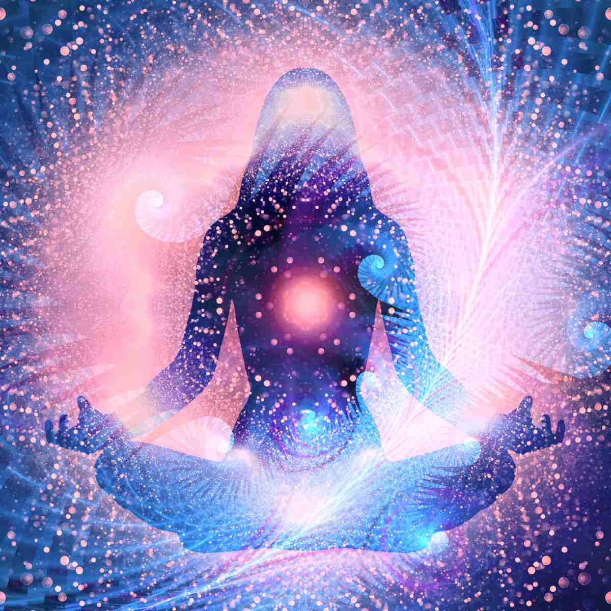 Silhouette of a person in meditation with a glowing Sacred Heart Chakra and cosmic background.