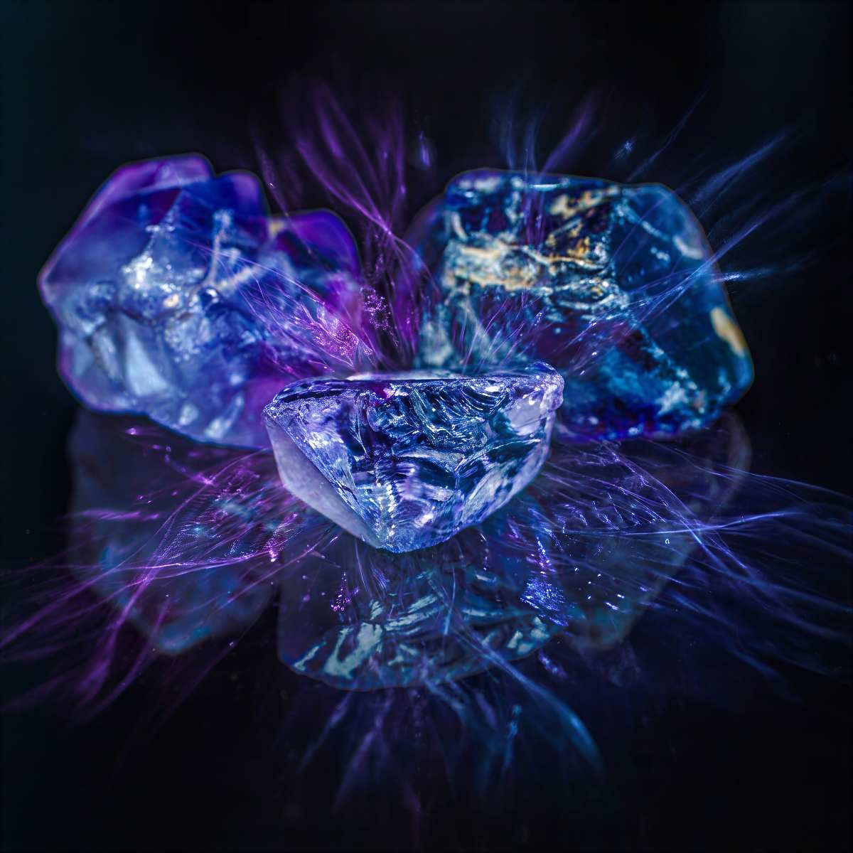 Sapphire crystals radiating healing energies for manifestation on a black background.