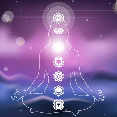 A glowing white outline of a person sitting in the lotus position with hands in a mudra, overlaid on a blurred purple and pink ethereal background. Seven different chakra symbols glow brightly along the body's centre.