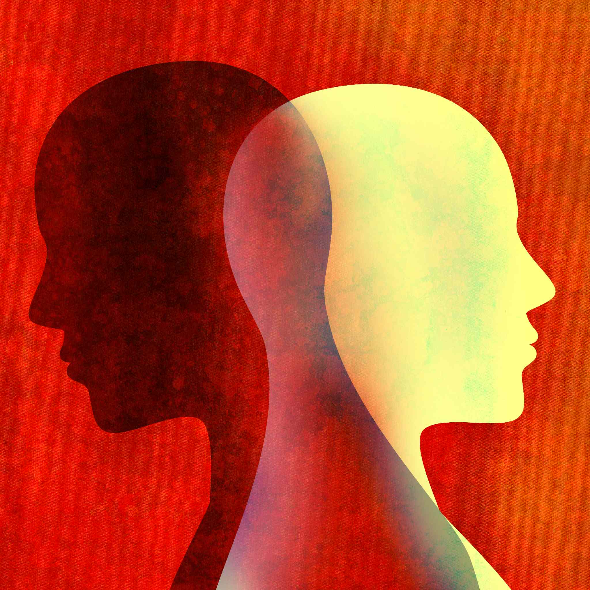 Two overlapping human head silhouettes, one dark shadow facing left, the other bright facing right, on a textured red background, representing shadow self rite.