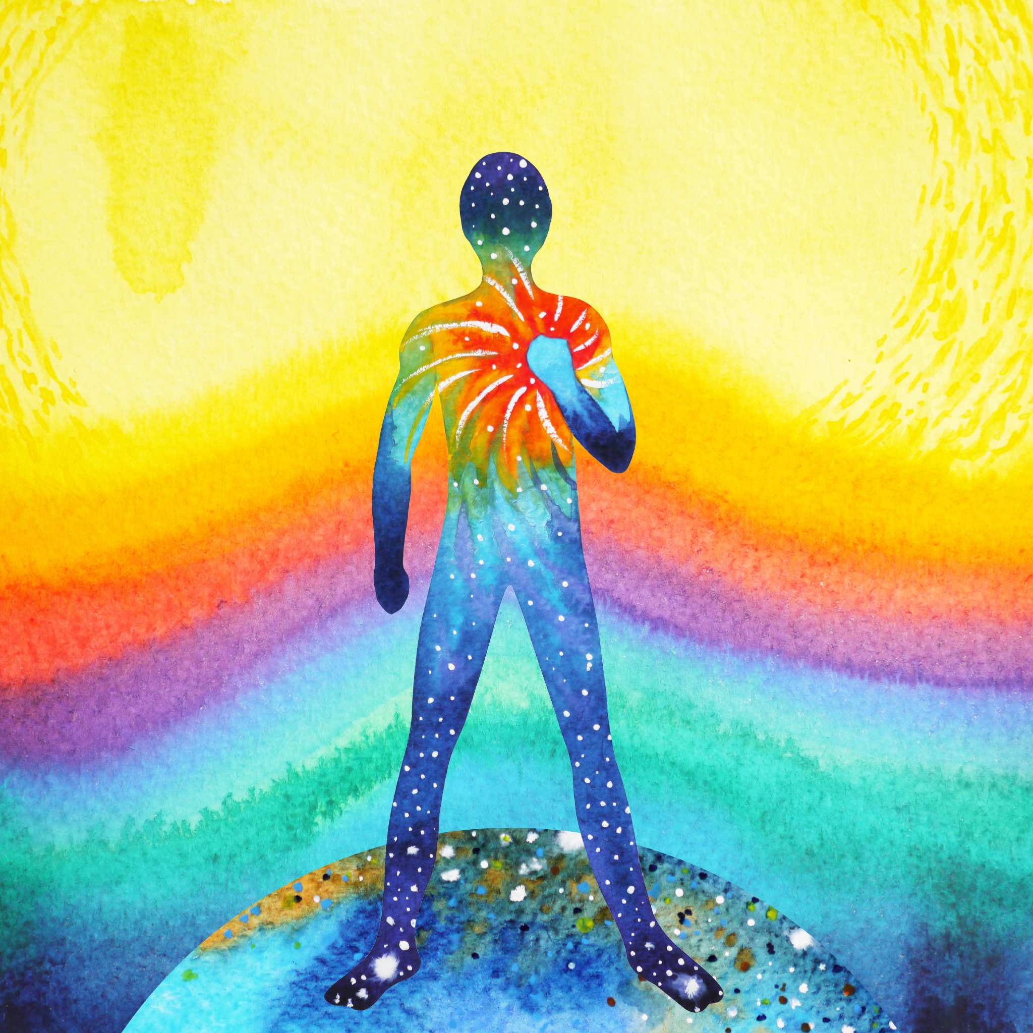 A watercolour illustration of a standing silhouette figure, filled with a cosmic, starry blue and purple pattern, against a bright, rainbow-coloured background of yellow, orange, red, and green, with a sunburst symbol glowing from the heart.