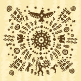An ancient, indigenous-style circular pattern featuring abstract figures, animals (like birds and deer), waves, stars, and concentric circles in dark brown on a light beige background, evoking shamanic traditions and earth wisdom.
