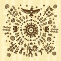 An ancient, indigenous-style circular pattern featuring abstract figures, evoking shamanic traditions.