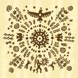 An ancient, indigenous-style circular pattern featuring abstract figures, evoking shamanic traditions.