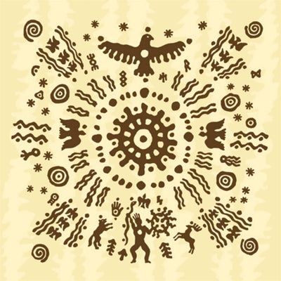 An ancient, indigenous-style circular pattern featuring abstract figures, evoking shamanic traditions.