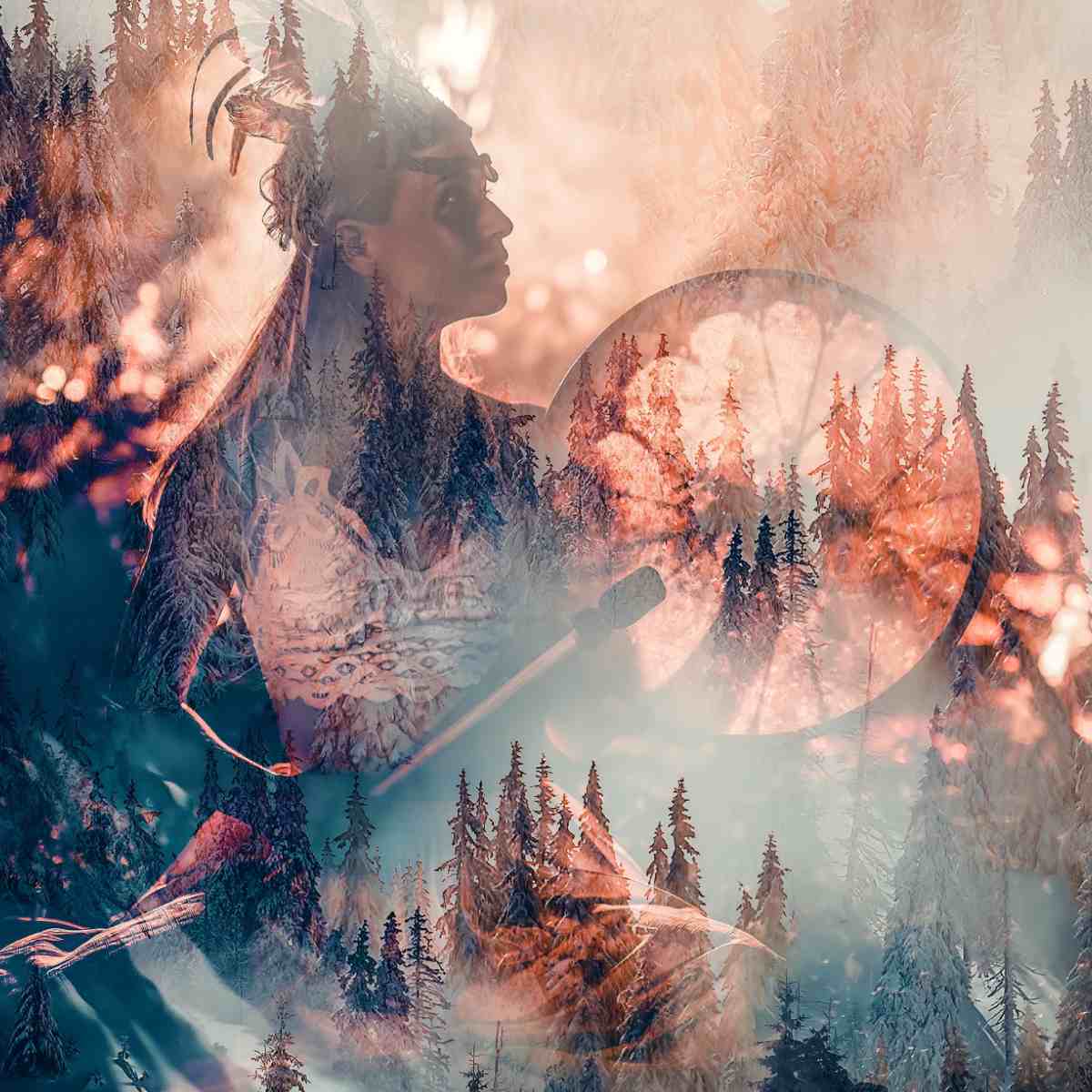 A double exposure image of a shaman woman with a drum and a snowy forest.