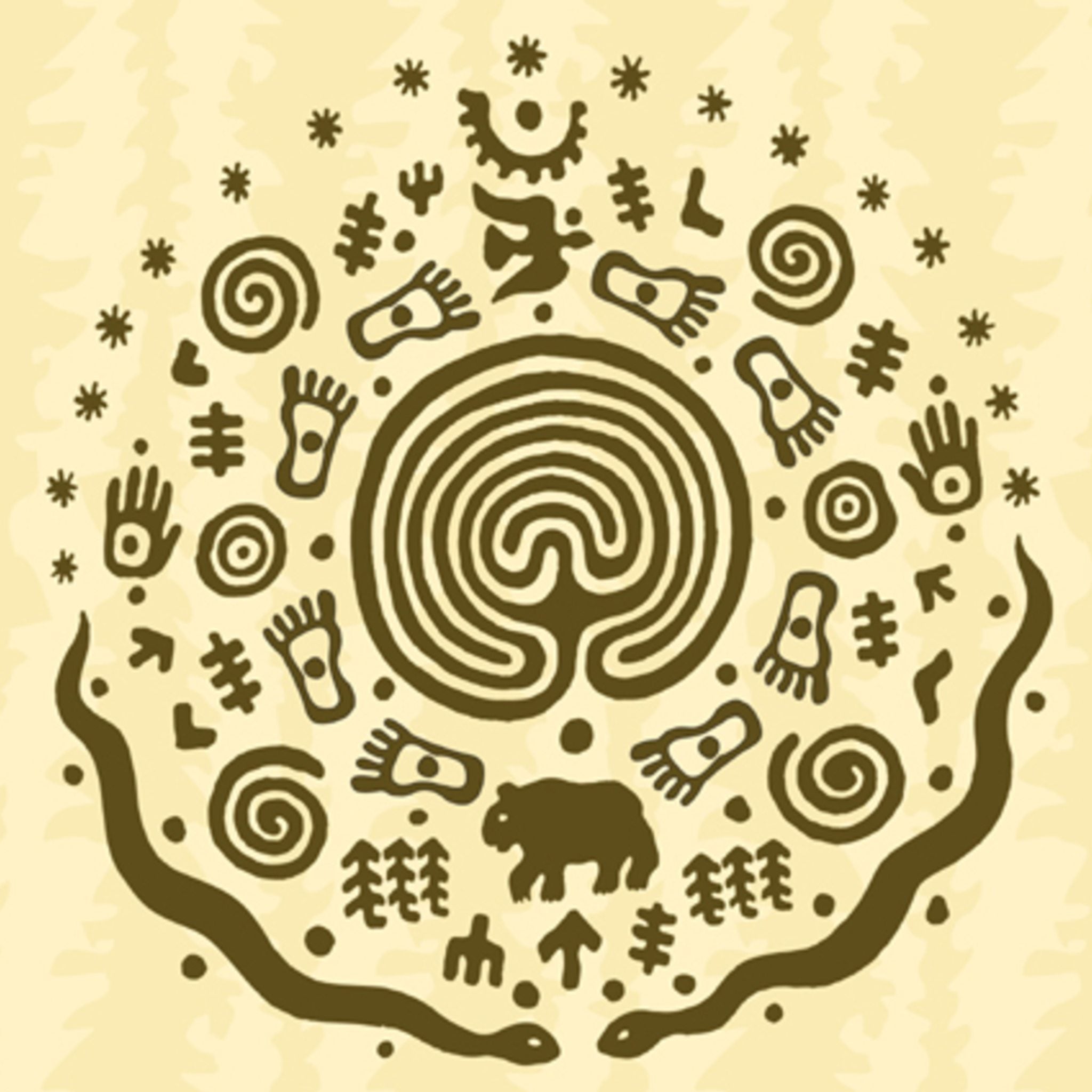 Circular design with various shamanic symbols on a beige background.