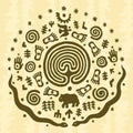 Circular design with various shamanic symbols on a beige background.