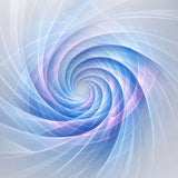 A soft blue and lavender digital vortex featuring swirling, translucent geometric ribbons spiralling into a white centre.