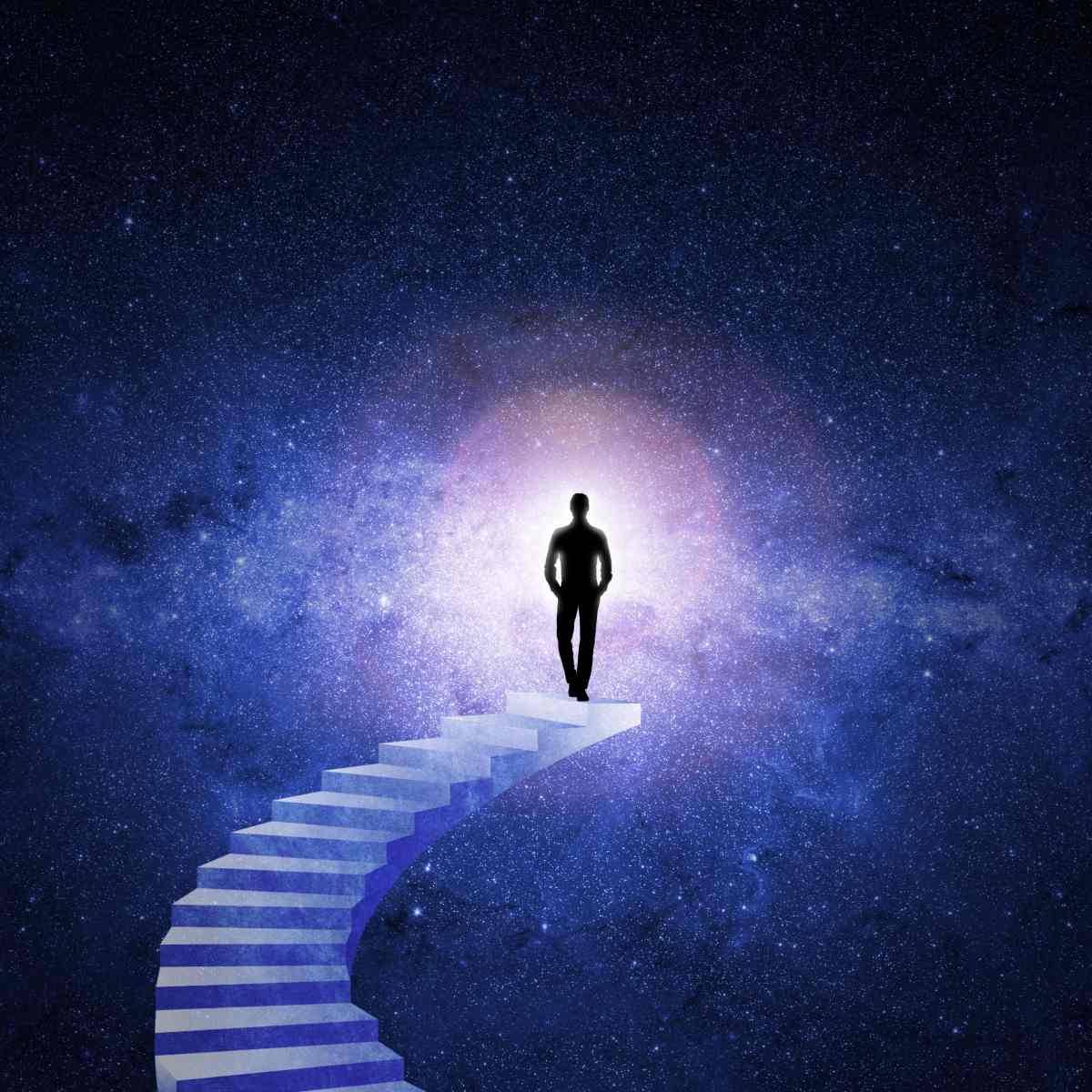 Person standing on a staircase leading to a bright light soul source against a night sky.