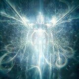 A blurry, light-blue ethereal energy figure formed by bright streaks and geometric light.