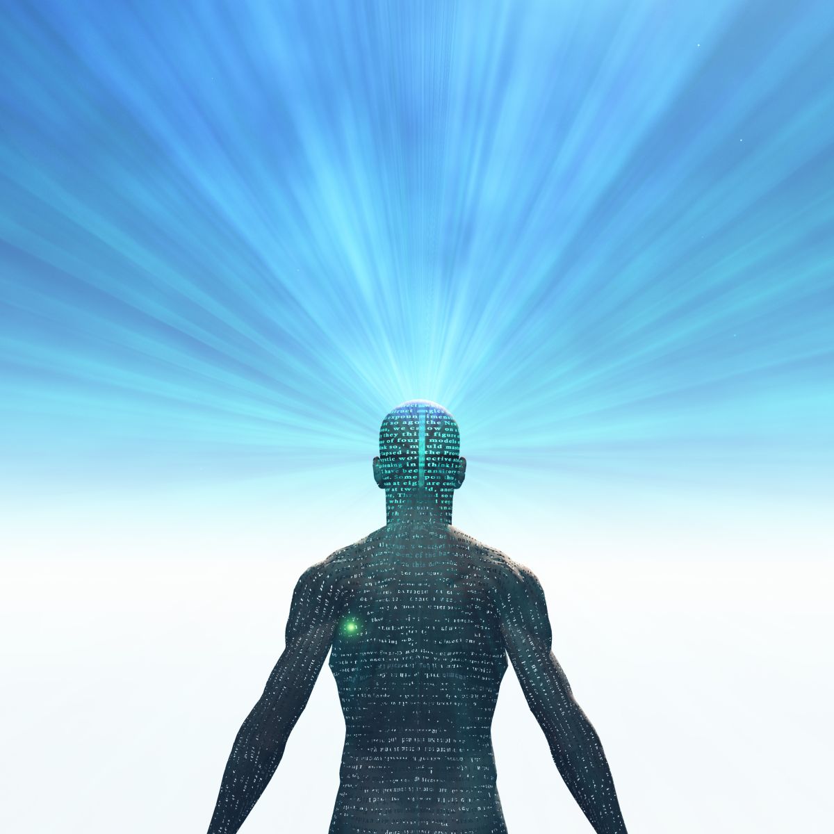 Digital illustration of a human figure with glowing blue energy on a blue and white background.