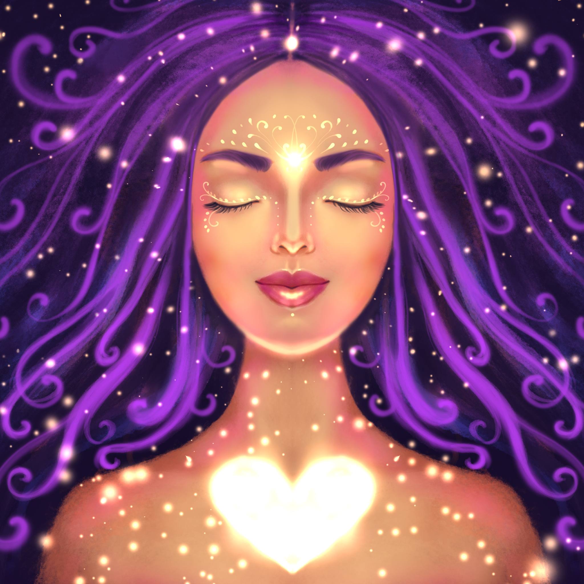 A close-up digital painting of a serene woman's face with her eyes closed, featuring long, dark hair infused with vibrant purple highlights and glowing white sparkles. Intricate white dots form mandala patterns on her forehead, and a bright, glowing white heart is visible on her chest, representing the healing energy and focus of the spiritual healer path alignment dedication.