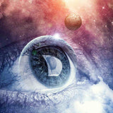 Artistic depiction of spiritual sight of an eye with a cosmic background and a planet.