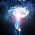 Hand reaching towards a bright, swirling light in space.