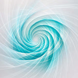 An ethereal white and vibrant turquoise digital vortex with translucent, swirling geometric light ribbons spiralling inward.
