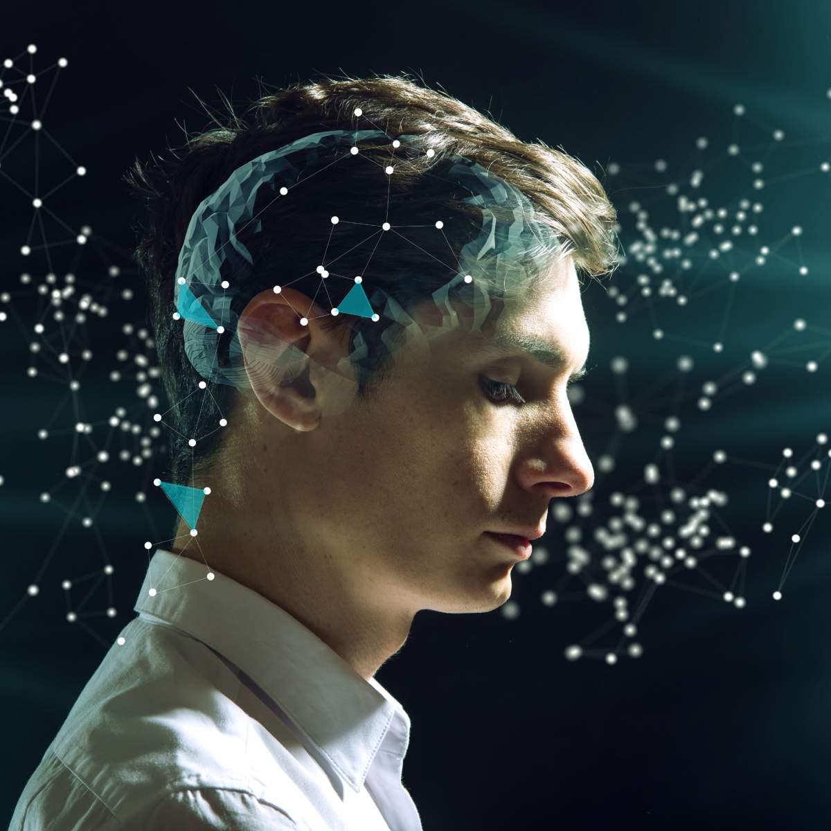 Person with digital network overlay over head symbolising subconscious clearing.