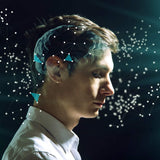 Person with digital network overlay over head symbolising subconscious clearing.