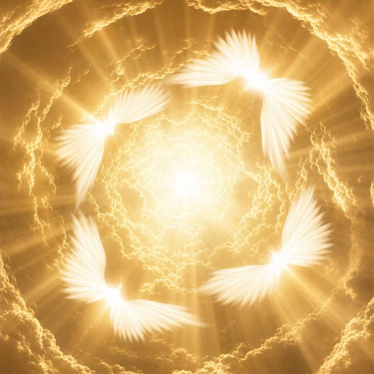 Four Archangels (Michael, Gabriel, Raphael and Uriel) flying in a circular motion with gold light and clouds.