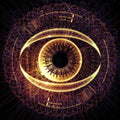 A glowing golden eye surrounded by circular grid interface rings and fine line graphics on a dark background.