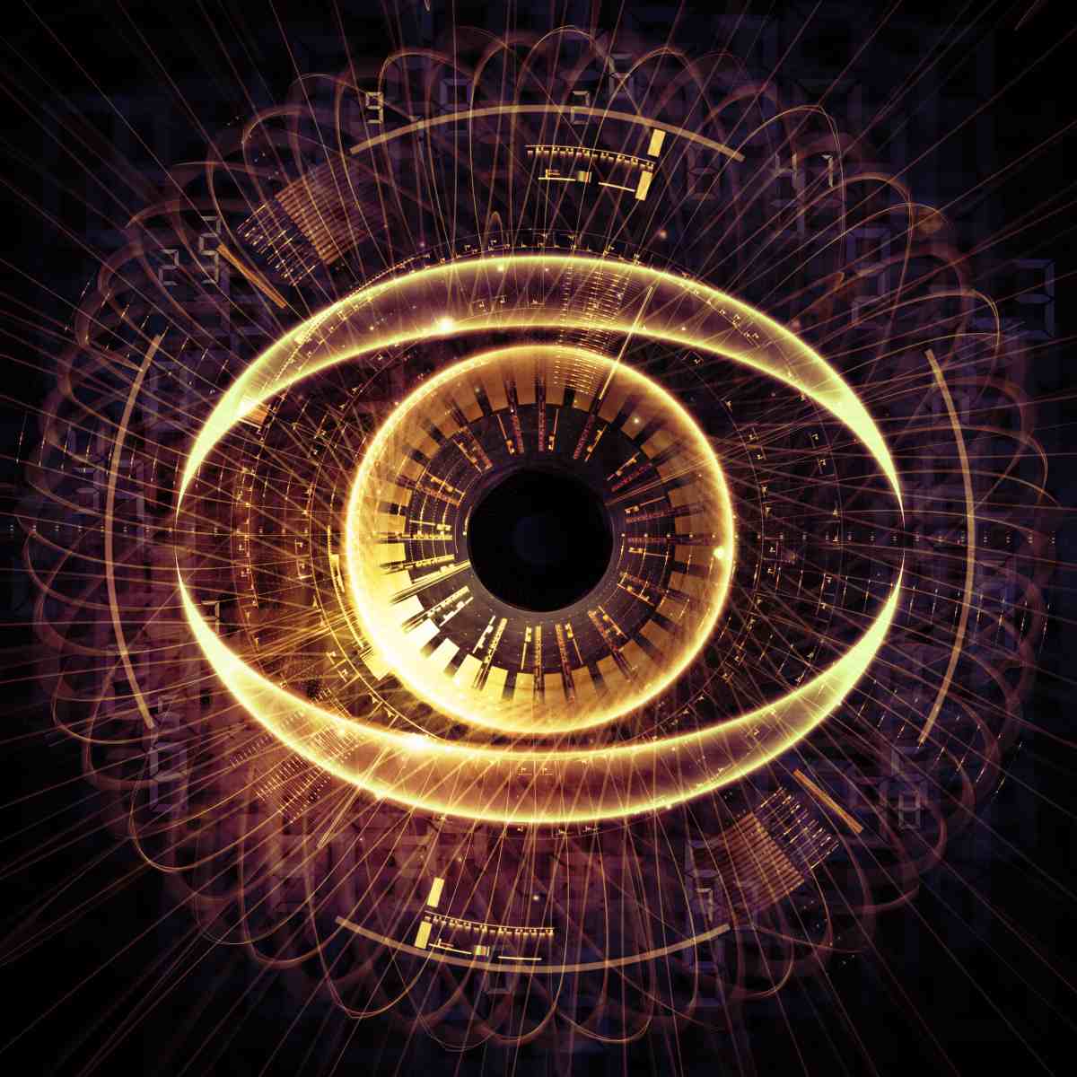 A glowing golden eye surrounded by circular grid interface rings and fine line graphics on a dark background.
