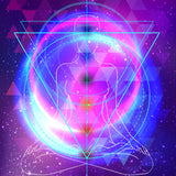 A psychedelic digital illustration featuring the outline of a figure meditating in the lotus position, superimposed over a cosmic, starry background in vibrant pink, purple, and blue. The figure is overlaid with glowing sacred geometry, including a triangle and circles, symbolising the intense mental focus and awakening of the third eye.