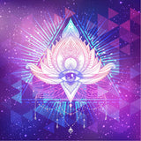 A vibrant, stylised illustration of a lotus flower with an open third eye symbol at its centre, surrounded by sacred geometry, stars, and radiating light in shades of pink, purple, and blue, representing third eye activation, intuition and spiritual awakening.