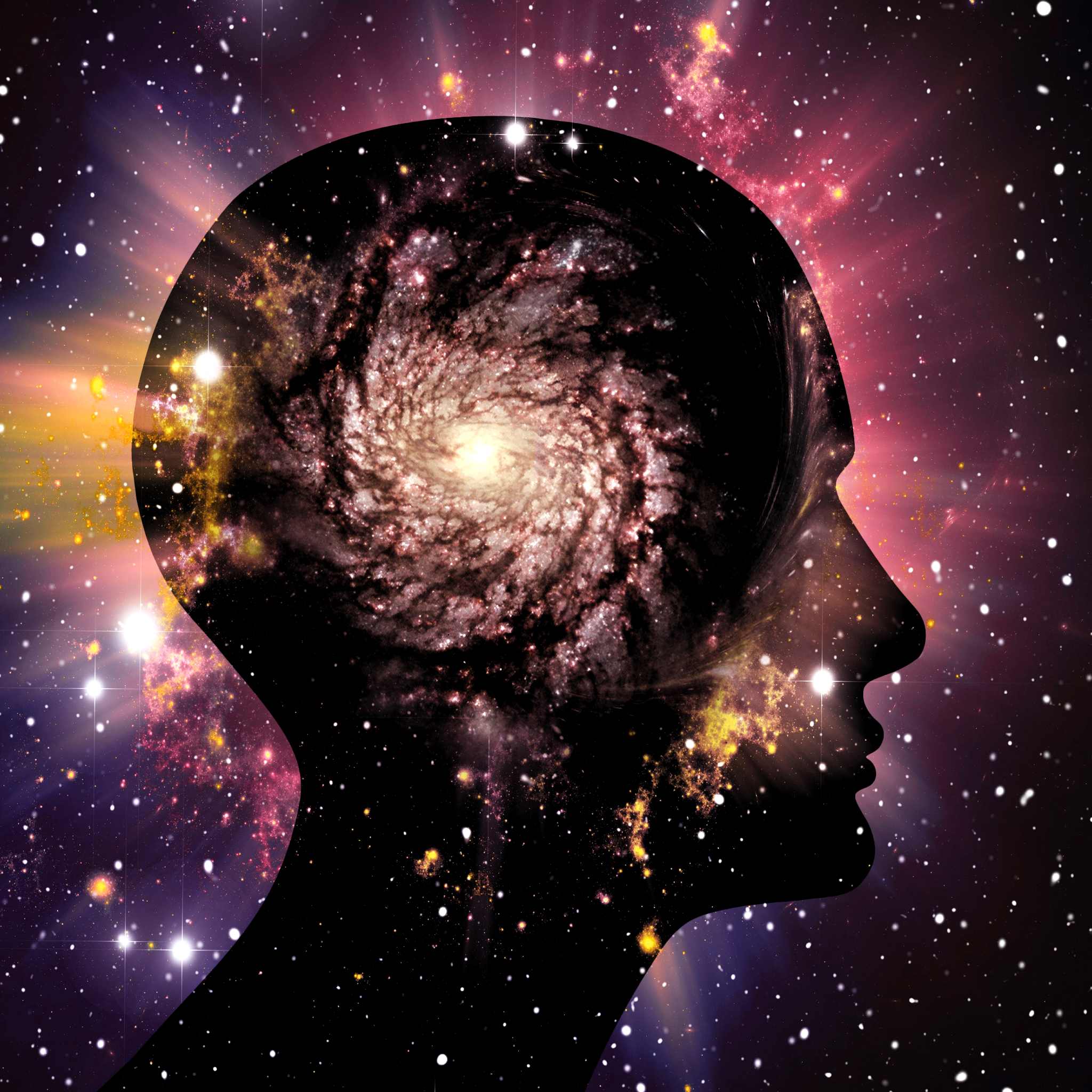 A striking digital silhouette of a human head in profile, with the interior filled by a spiral galaxy. The head is set against a vibrant space background of stars and nebulae in purple, pink, and yellow, visually representing the cosmic focus, opening and activation of the third eye chakra.