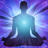 A dark silhouette of a person meditating in a lotus position, with an intensely bright, glowing blue-green light emanating from the centre of the chest (Thymus Chakra) against a background of swirling purple and blue energy.