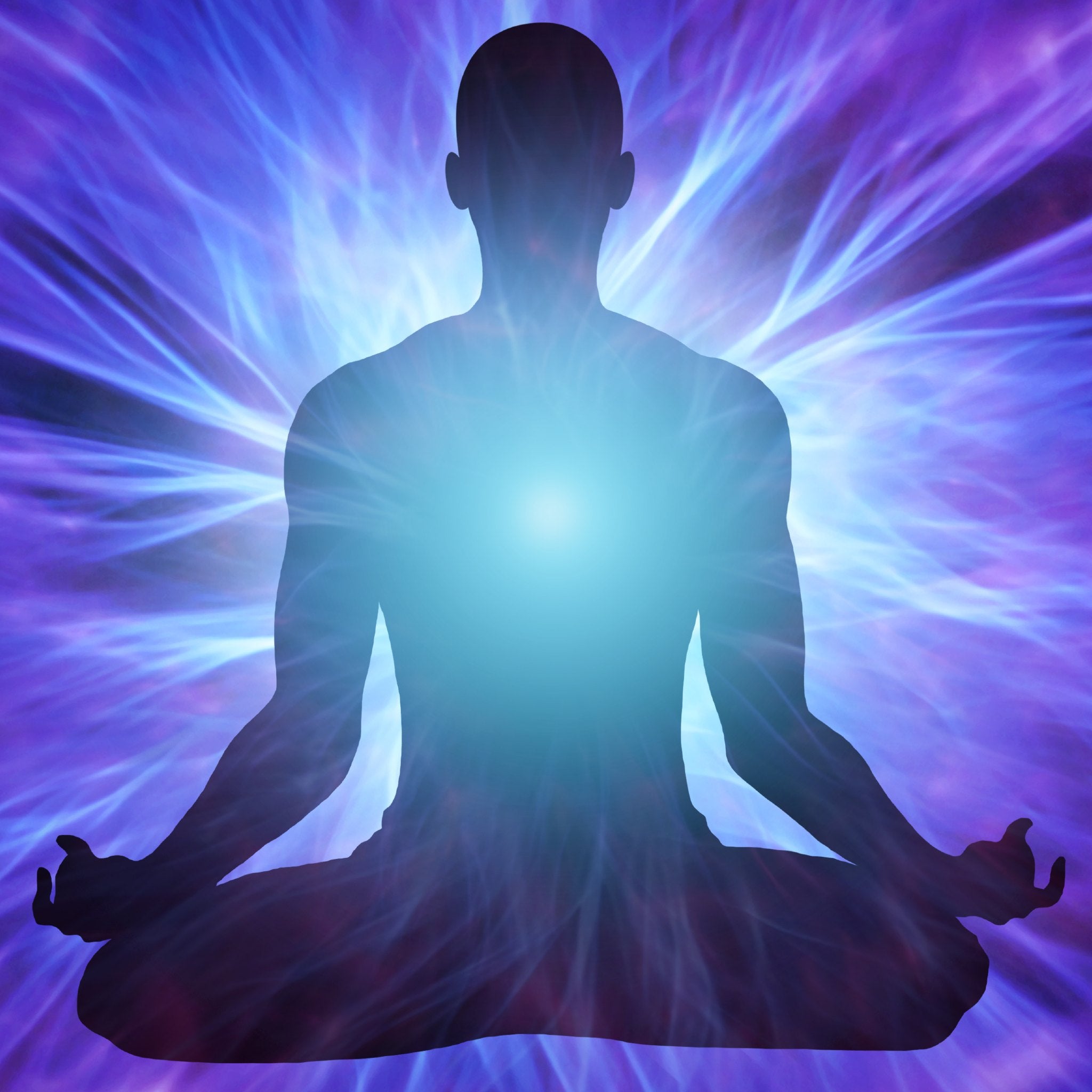A dark silhouette of a person meditating in a lotus position, with an intensely bright, glowing blue-green light emanating from the centre of the chest (Thymus Chakra) against a background of swirling purple and blue energy.