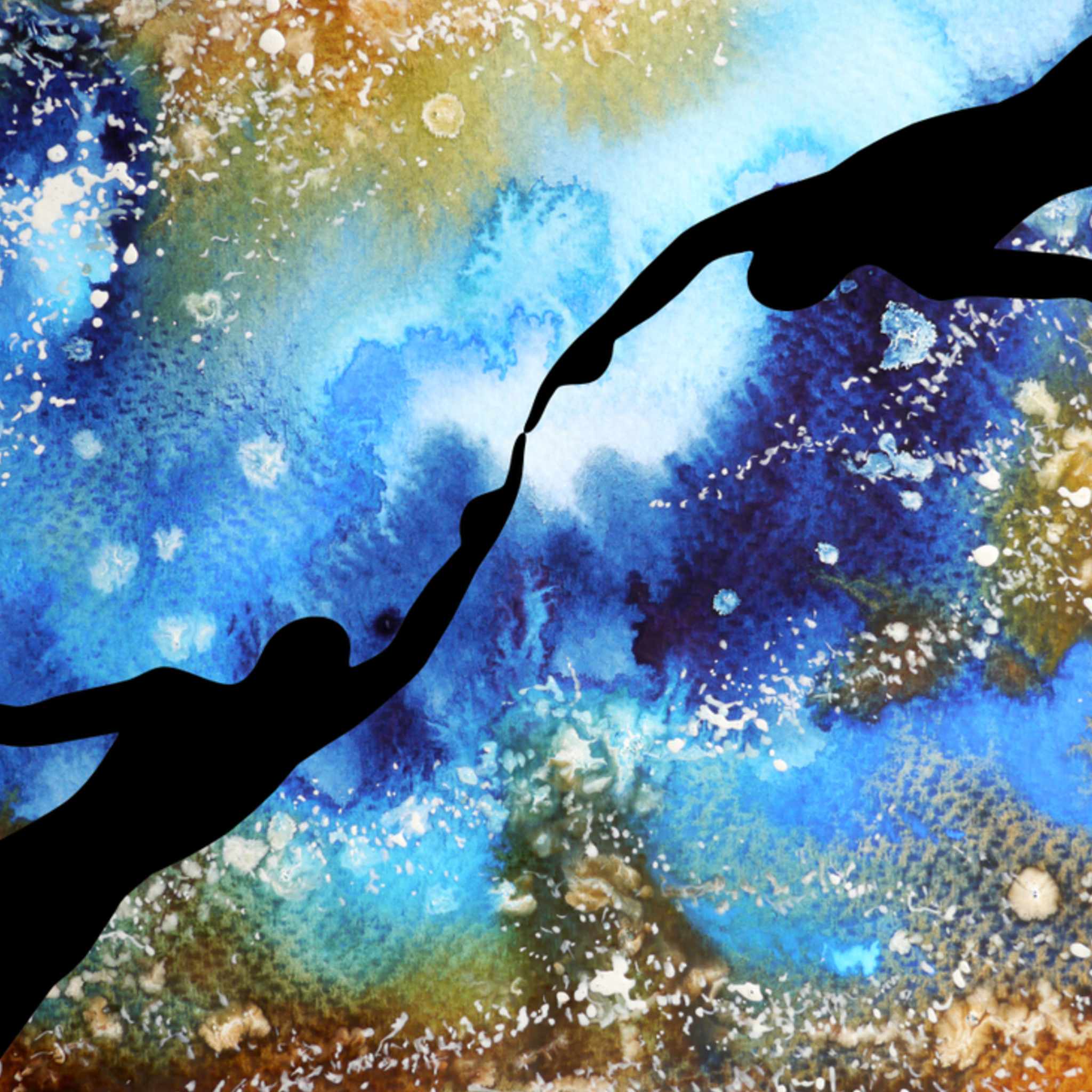 Twin flame silhouette of two hands holding each other against a colourful, cosmic abstract background.