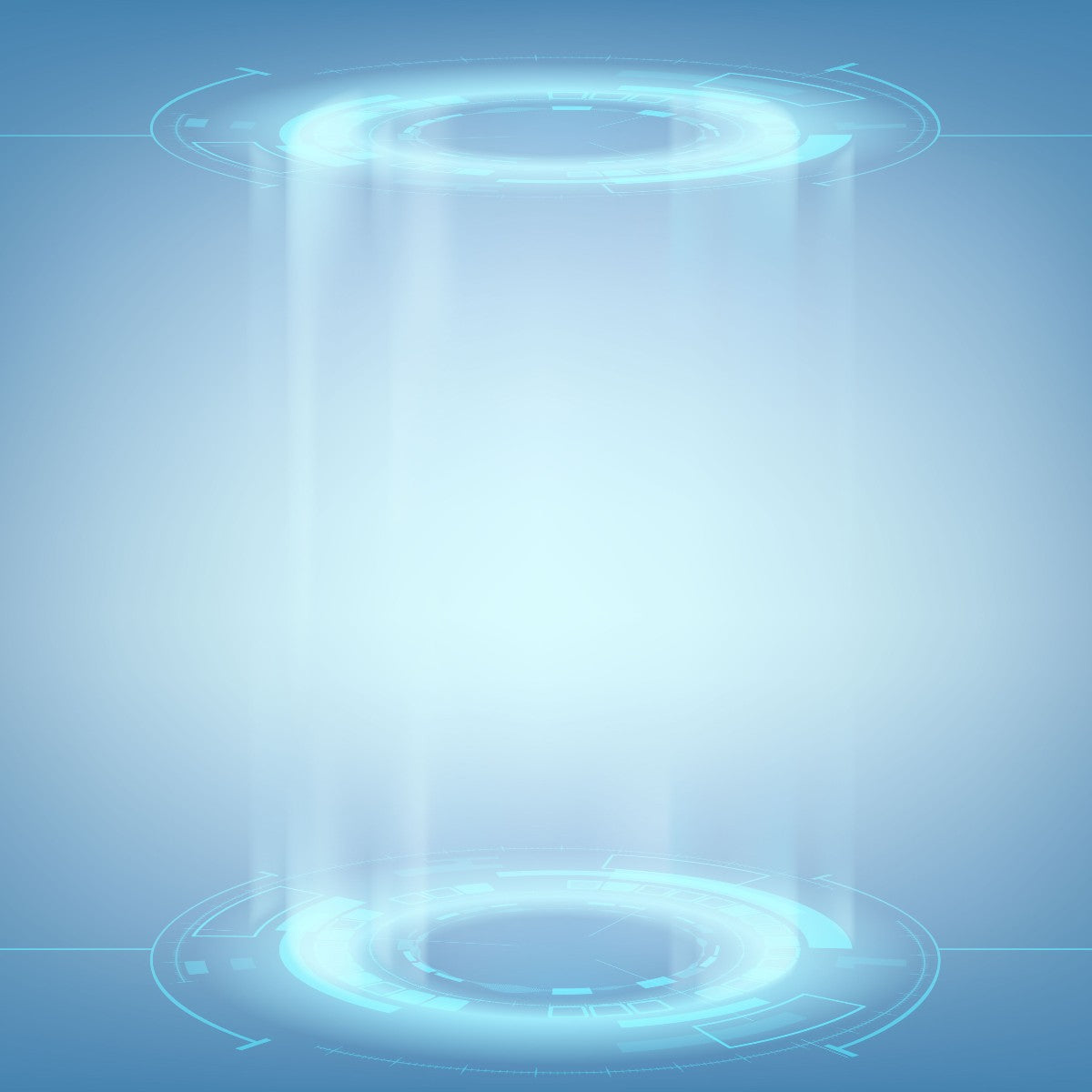 Futuristic glowing blue light portal with two directions of flowing energy and light.