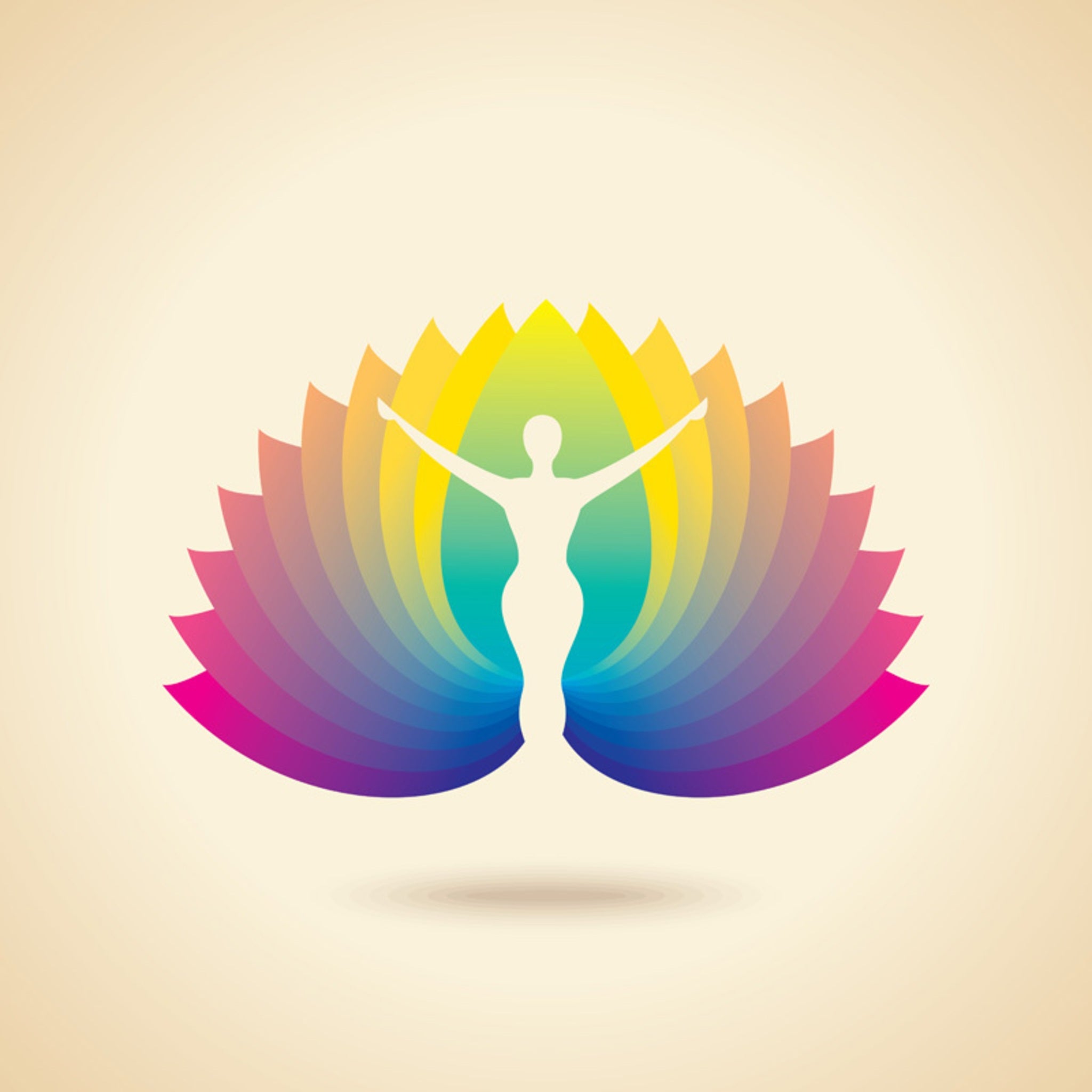 A white silhouette of a person with outstretched arms, standing in front of vibrant, rainbow-coloured, fan-like abstract wings or lotus petals. The background is a pale beige. Symbolises opening, expansion, energy, and embracing abundance and spiritual growth.