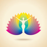 Silhouette of a person with outstretched arms with rainbow-coloured abstract lotus petals. 