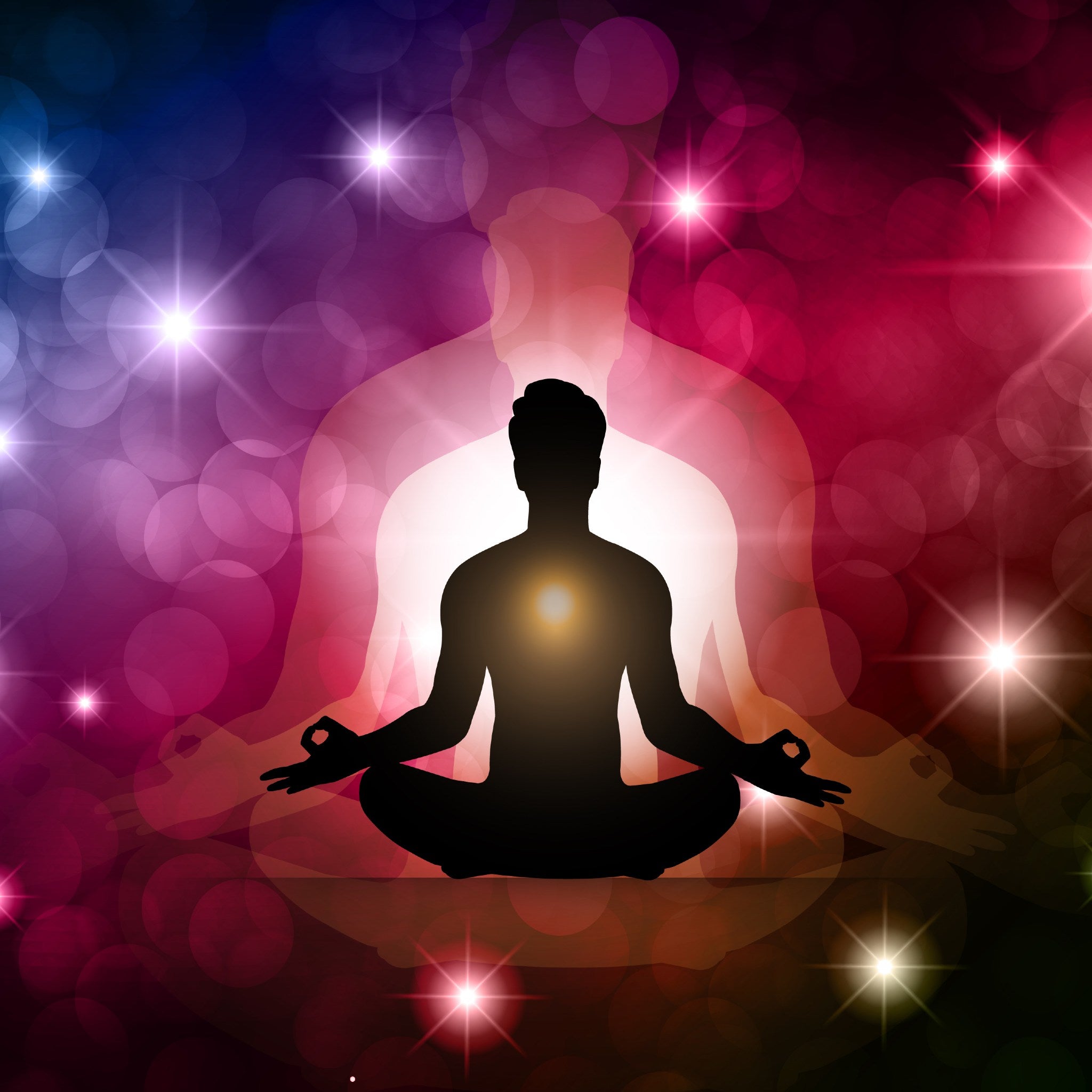 A meditating silhouette with a warm orange glow at the heart, layered over a large, glowing white ethereal presence, representing abundance dimensional enhancement.