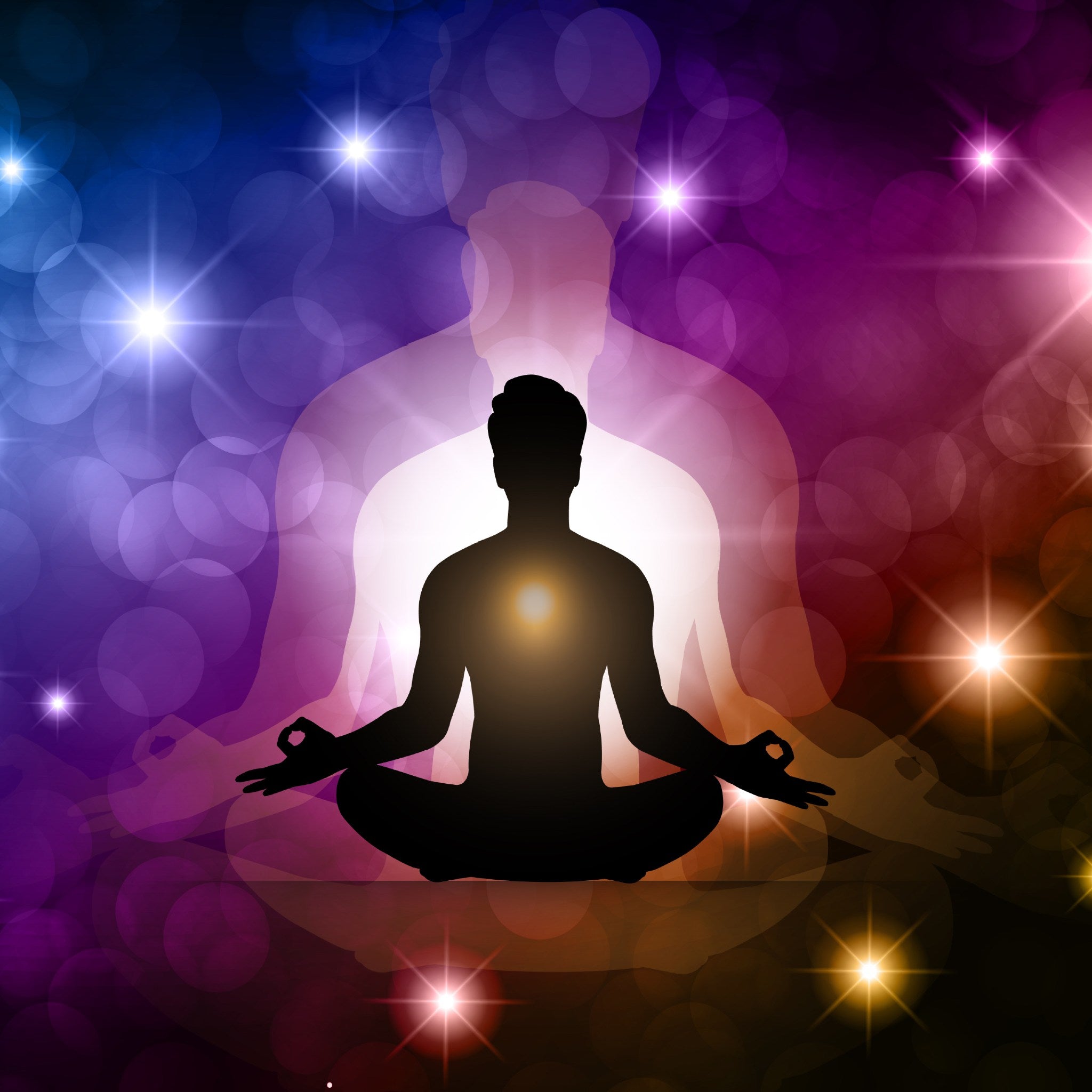 A meditating silhouette with a warm orange glow at the chest, layered over a large, glowing white ethereal presence, against a dark, sparkling blue and purple bokeh background, representing abundance enhancement.