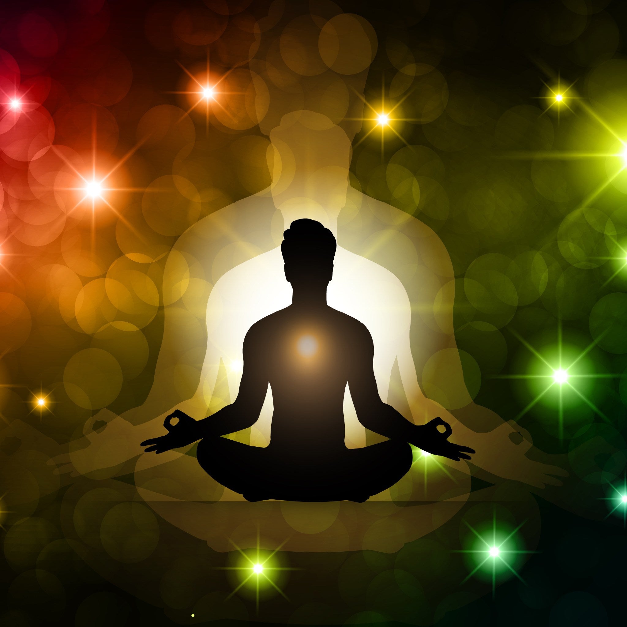 A silhouette of a person meditating in lotus pose, surrounded by sparkling, colourful bokeh lights in red, green, and gold, representing abundance magic clearing.