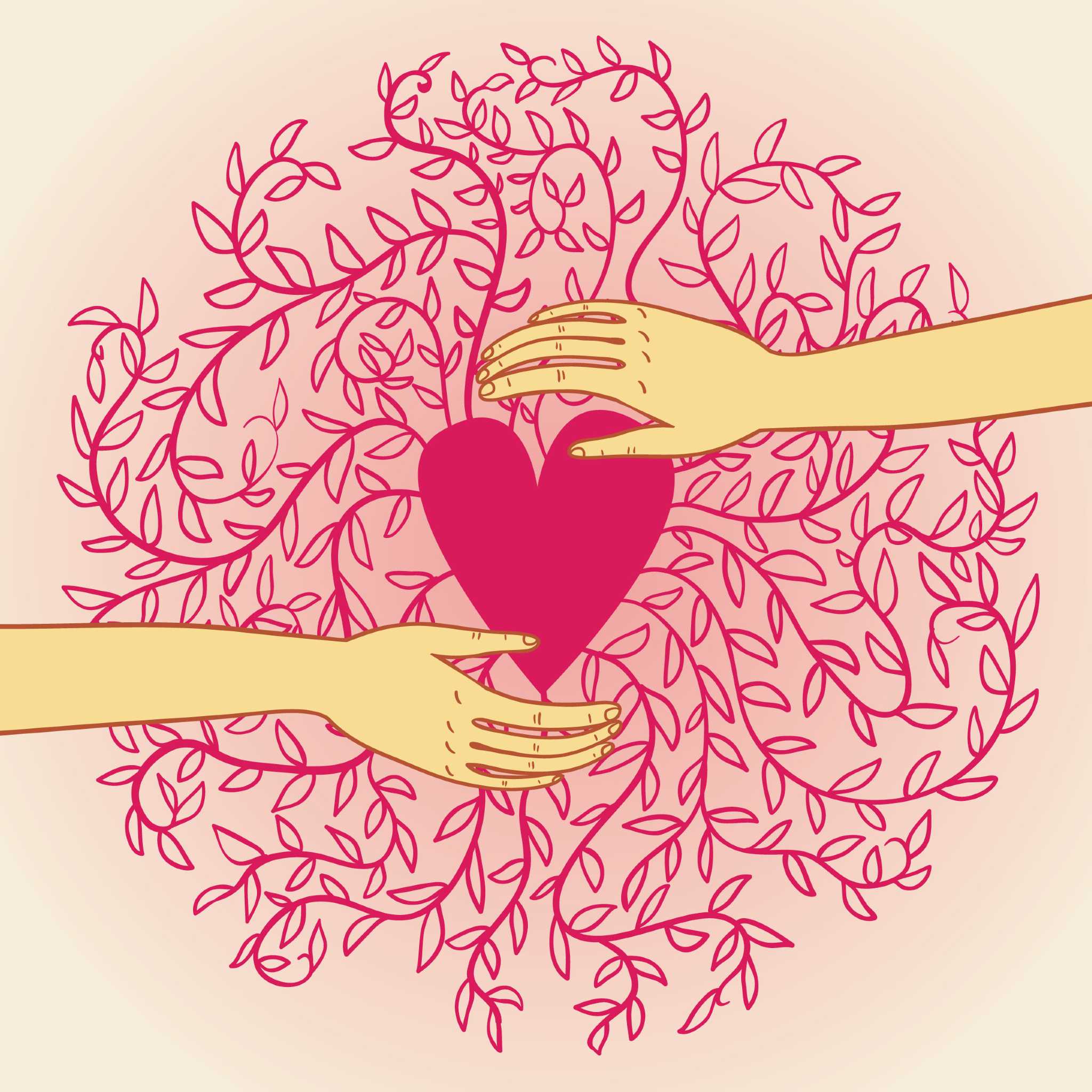 Illustration of two hands gently holding a vibrant pink heart, surrounded by flowing pink botanical patterns, symbolising the activation and alignment with abundant love and compassion.