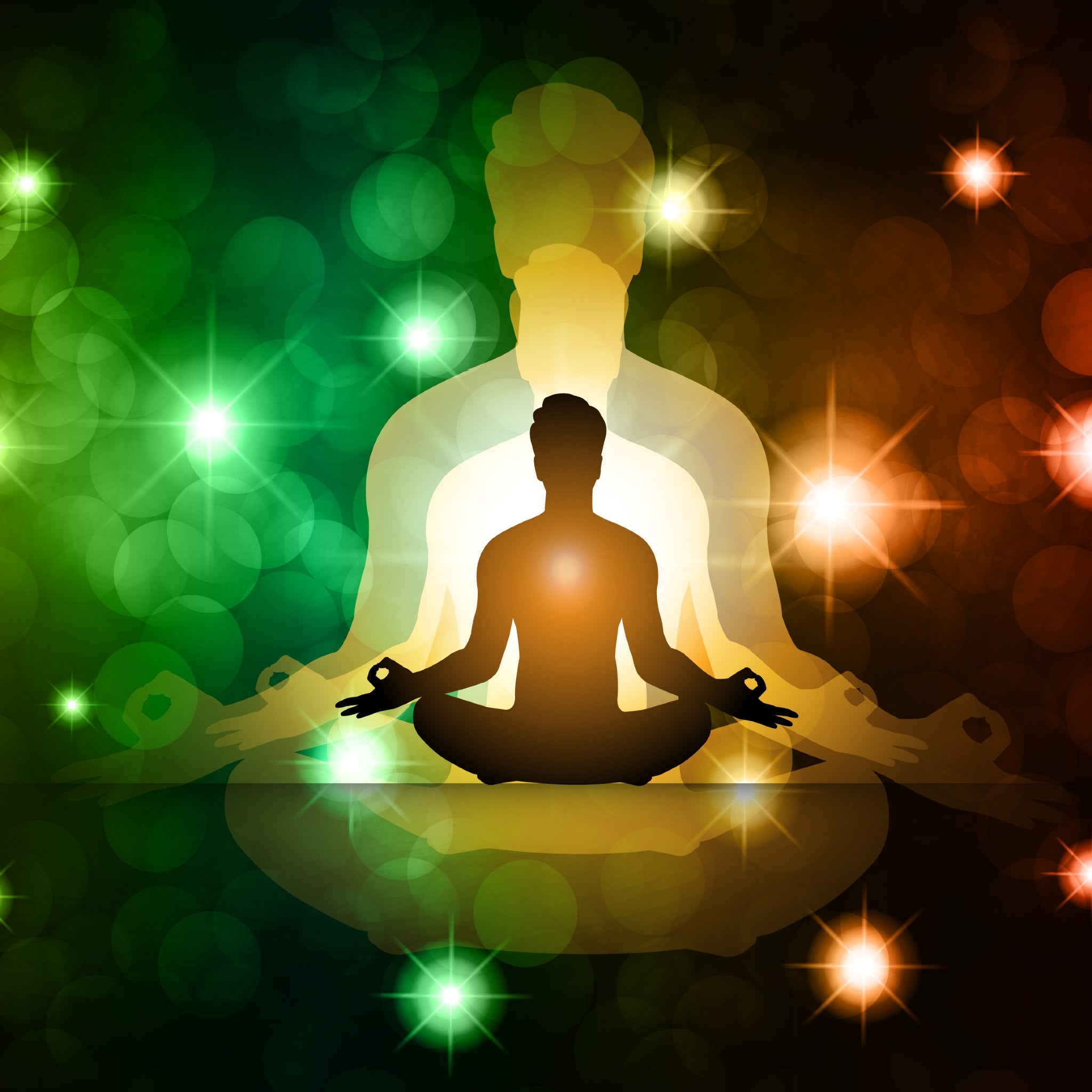 A meditating silhouette with a warm orange glow at the chest, layered over a large, golden ethereal presence, against a green and dark orange background, representing abundance realignment.