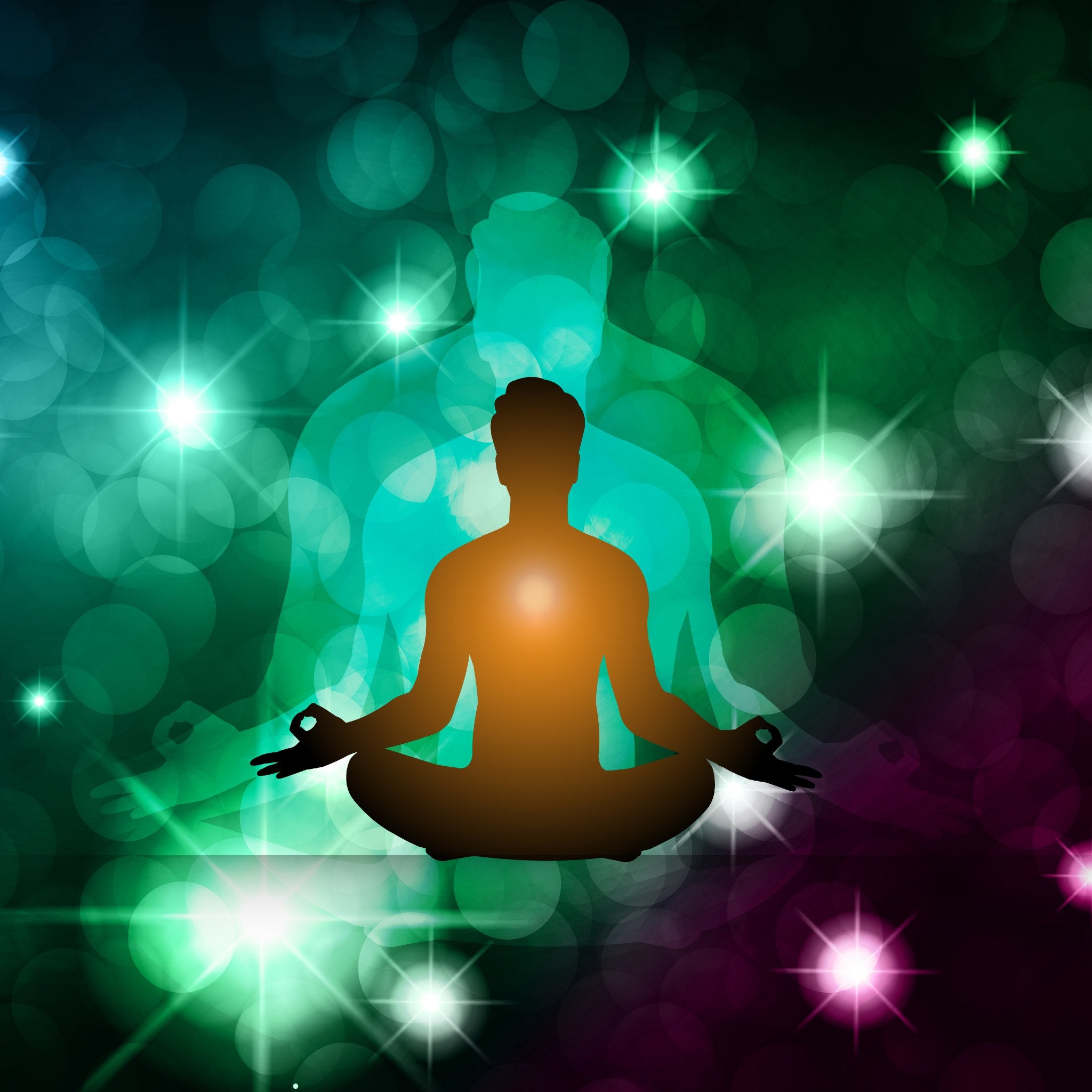 A meditating silhouette with an orange glow at the chest, layered over a large, glowing cyan-blue ethereal presence, representing abundance stability enhancement.