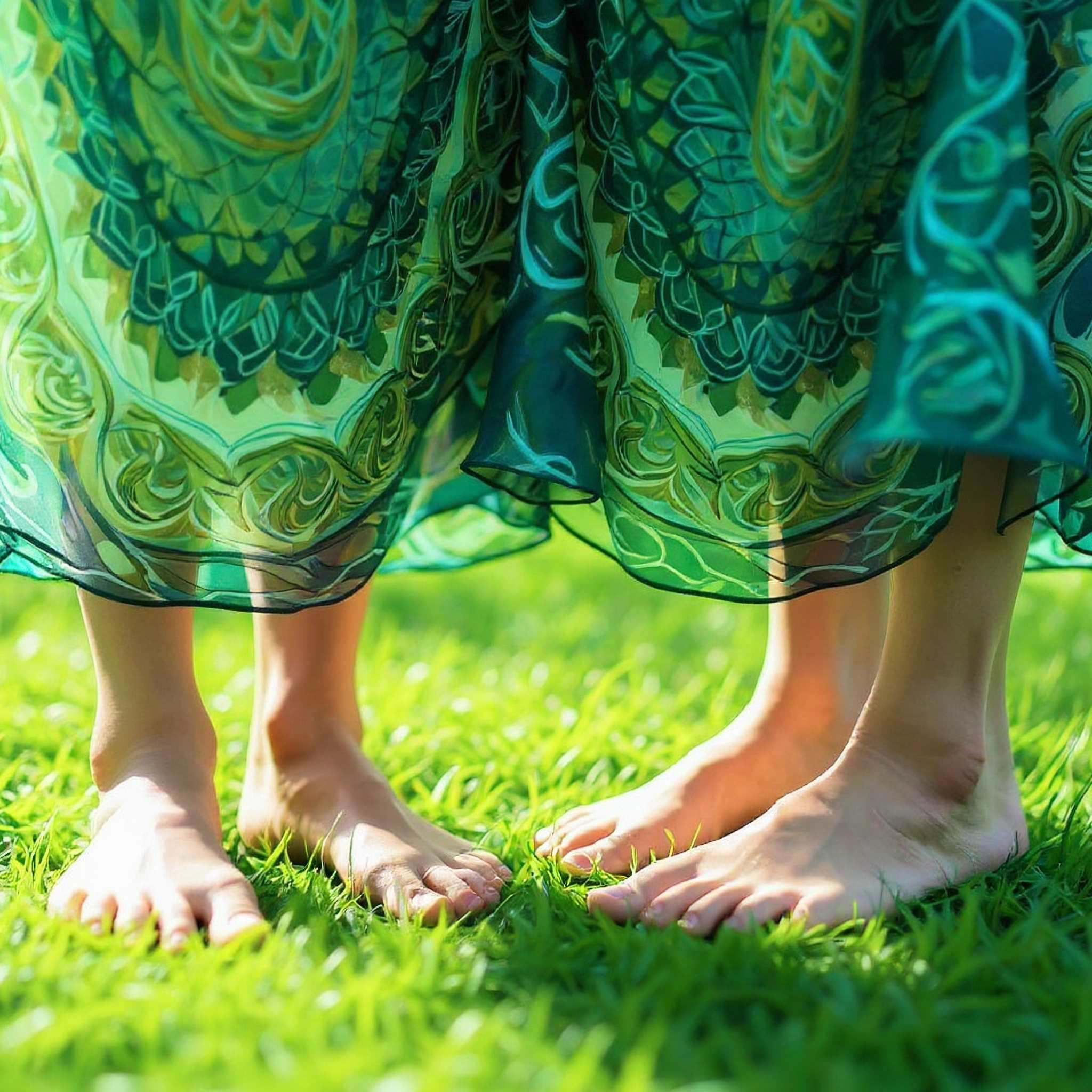 A close-up shot of two pairs of bare feet standing on lush, sunlit green grass, with the bottom of a flowing, layered green skirt or dress just visible above. This imagery visually represents focusing on grounding and connection to the Earth and Earth Star Chakra.