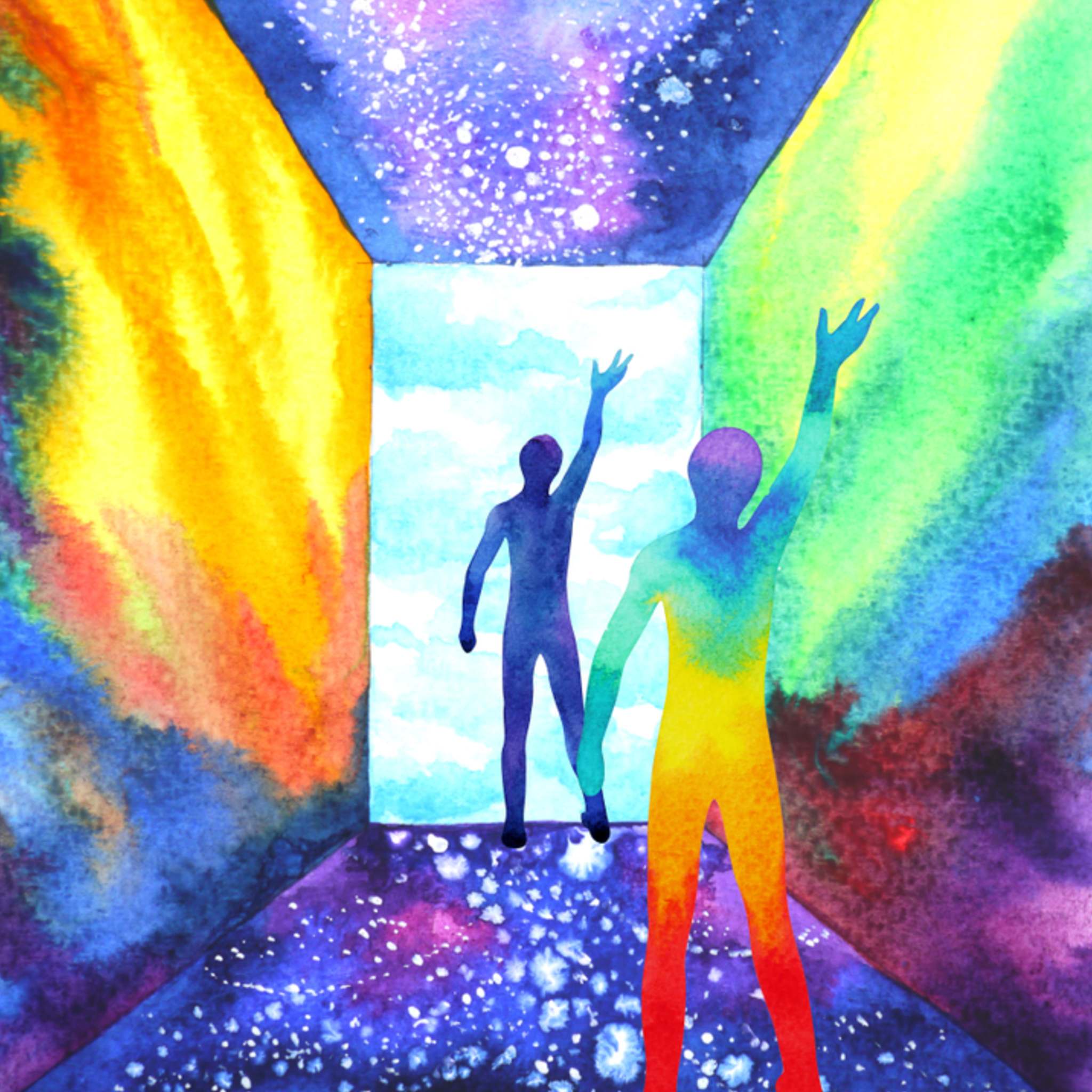 A watercolour illustration of two human silhouettes, one blue and one rainbow-coloured, reaching towards a bright light through a cosmic tunnel. Symbolises ancestral connection, spiritual journey, and transformation through lineage healing.